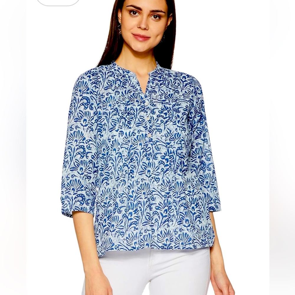 Lucky Brand Womens Top XS White Blue Floral Long Sleeve VNeck Blouse